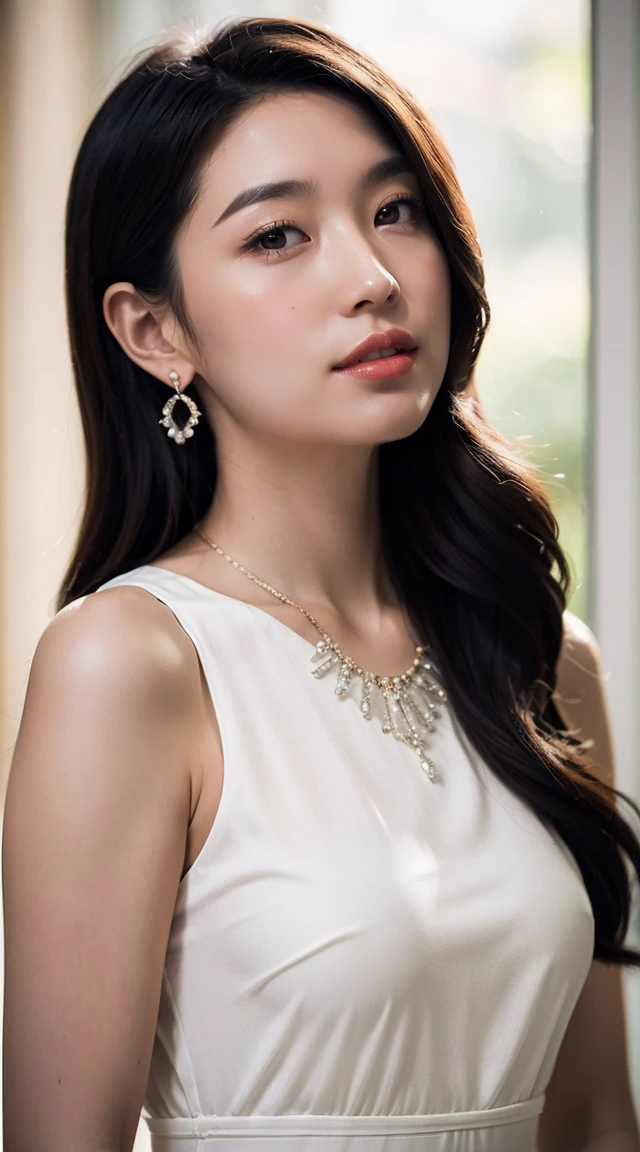 最high quality, masterpiece, High resolution, 1 girl, transparent silk china dress, beautiful face, hair ornaments, looking at the viewer, smile, closed mouth,lips, dress,hair ornaments, necklace, jewelry, long hair, earrings, beautiful face,On top of that_body, Tyndall effect,realistic, dark studio, rim lighting, two-tone lighting,(high definition skin:1.2), 8K uhd, Digital single-lens reflex camera, soft lighting, high quality, volume lighting, Frank, photograph, High resolution, 4K, 8K, Bokeh