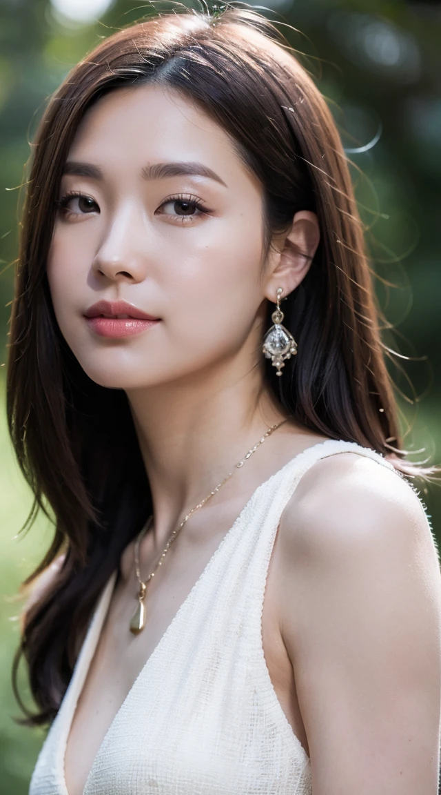 最high quality, masterpiece, High resolution, 1 girl,  silk china dress, beautiful face, hair ornaments, looking at the viewer, smile, closed mouth,lips, dress,hair ornaments, necklace, jewelry, long hair, earrings, beautiful face,On top of that_body, Tyndall effect,realistic, dark studio, rim lighting, two-tone lighting,(high definition skin:1.2), 8K uhd, Digital single-lens reflex camera, soft lighting, high quality, volume lighting, Frank, photograph, High resolution, 4K, 8K, Bokeh