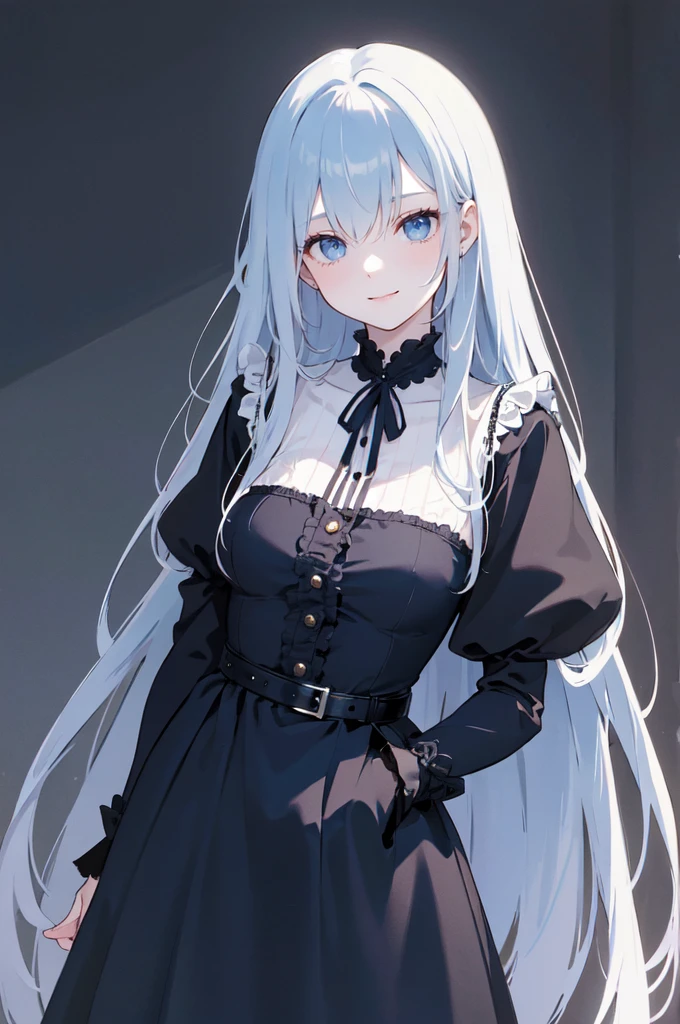 (masterpiece), (best quality), (ultra detailed),(dishevelled hair),(illustration), long hair (straight hair) very straight hair, standing, Fashion model (gothic dark outfit), looking at viewer, (interview), (casual background),beautiful blue eyes, delicate beautiful face, ,(high saturation),(colorful splashes),(shining),navy blue hair (dark blue) (shining), bangs, best lighting, best shadow. smiling. medium breast. neat hairstyle down. shy personality