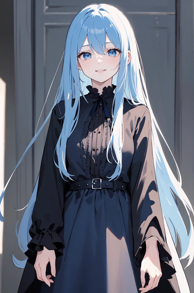 (masterpiece), (best quality), (ultra detailed),(dishevelled hair),(illustration), long hair (straight hair) very straight hair, standing, Fashion model (gothic dark outfit), looking at viewer, (interview), (casual background),beautiful blue eyes, delicate beautiful face, ,(high saturation),(colorful splashes),(shining),navy blue hair (dark blue) (shining), bangs, best lighting, best shadow. smiling. medium breast. neat hairstyle down. shy personality