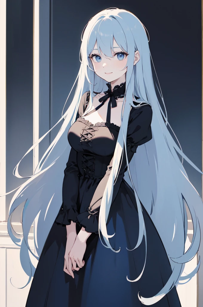 (masterpiece), (best quality), (ultra detailed),(dishevelled hair),(illustration), long hair (straight hair) very straight hair, standing, Fashion model (gothic dark school outfit, sexy(with square neckline)), looking at viewer, (interview), (casual school background),beautiful blue eyes, delicate beautiful face, ,(high saturation),(colorful splashes),(shining),navy blue hair (dark blue hair navy) (shining), bangs, best lighting, best shadow. smiling. medium breast. neat hairstyle down. shy personality