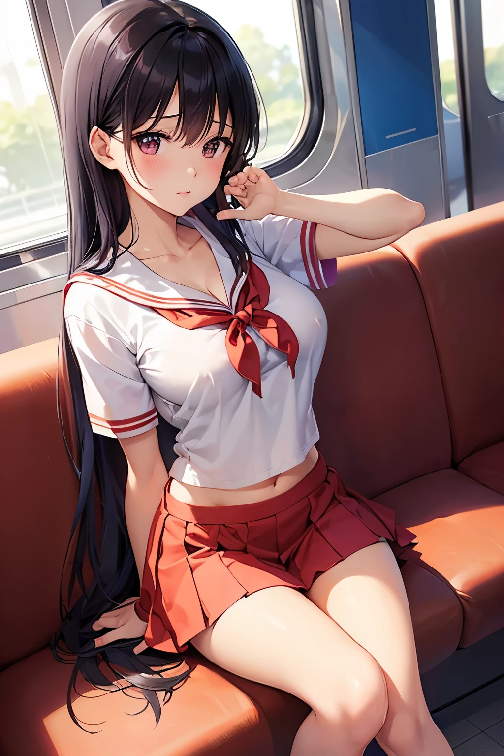 Highest image quality、Sailor Mars、beautiful feet、((slender))、miniskirt、train、trainの4人掛けボックスシートに座っている、((Composition seen from the side))、((Composition looking down from above))、((big breasts))、((The nipple protrusions push up the uniform))、cropped tops、You can see her cleavage while wearing the uniform、short sleeve、barefoot、((Wearing mules))、thin legs、((Sit with your legs thrown out in front of you without bending your knees))、Eyes are not looking at me、