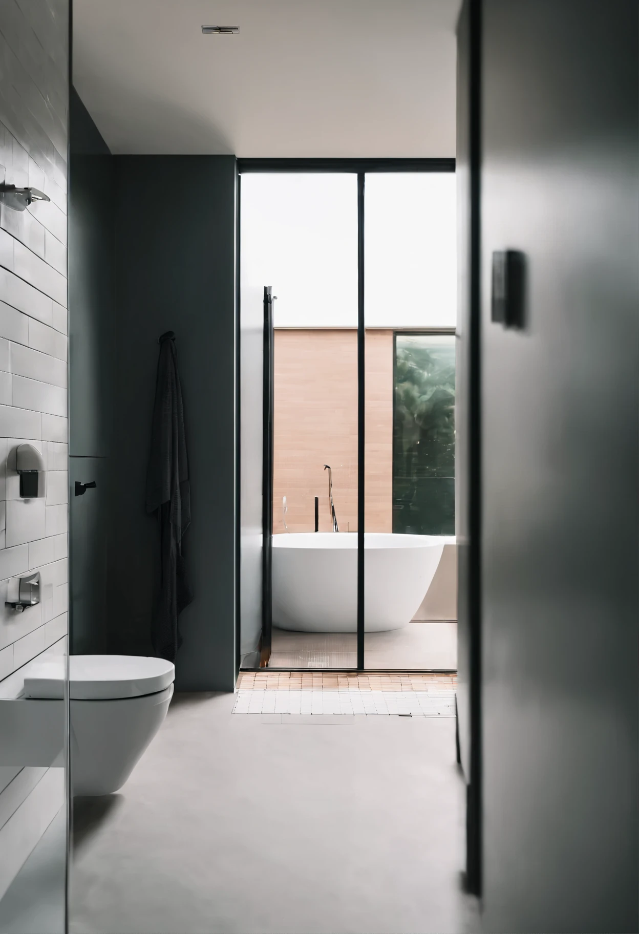 Bauhaus bathroom, Shot with a 50mm lens, depth of field, tilt blur,