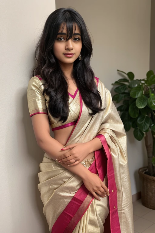 sanjana saba with big ,perfect, bang hair hairstyle , with an inocent look on her face, in elegant traditional sari