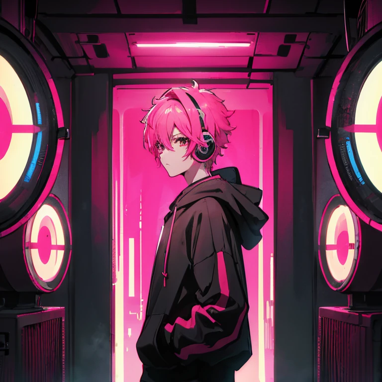 (shortcut), (two block hair), (bright pink hair), (red eyes), (Man standing in a recording studio wearing headphones), (oversized hoodie), (Street style), (neon), (neonデイライト), (cinematic), (stylish), (High resolution), (hyper-detailed), (Nightcore), (Low - Angle), (looking at the camera), (visualize), (top quality), (masterpiece), (Super detailed), (a handsome guy)
