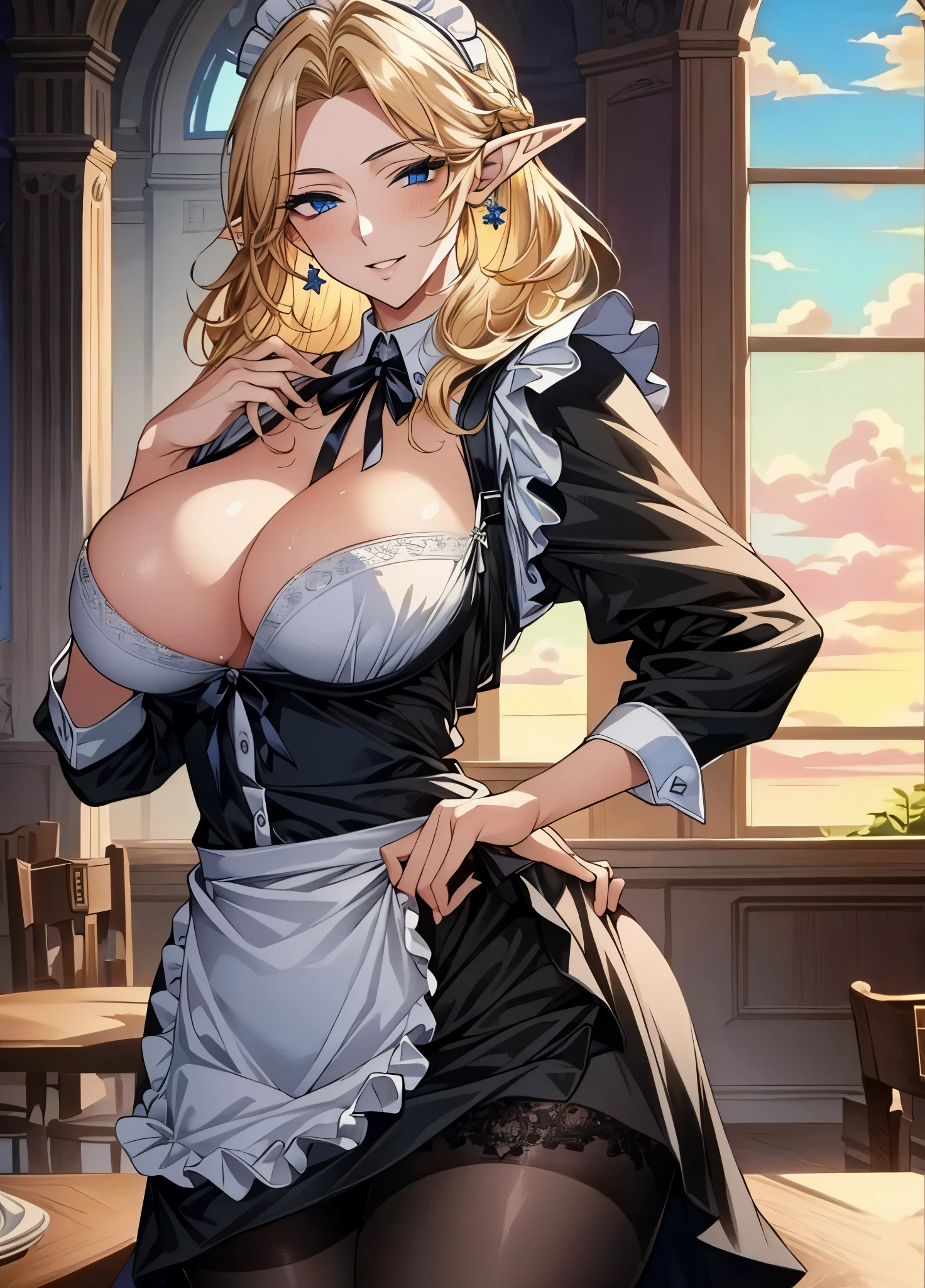 (masterpiece: 1.2), (best quality: 1.2) 1woman, elf woman, mature, tall, appearance around 25 years old, blonde hair, golden hair, straight hair, hair in a bun, blue eyes sapphire, ultra realistic eyes, perfect eyes, long eyelashes, anime style, perfect face, pointy ears, full lips, smile, mature, above average bust, perky bust, fair skin, natural body, sexy body, milf body, wearing a maid outfit, French maid, French style, sexy black skirt, lingerie stockings, high heels, wet cloth, thick thighs, wide hips, looking at the viewer, scenery cleaning a table, open window in the background, sunset, posing from the front,