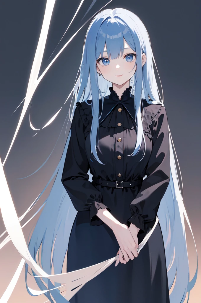 (masterpiece), (best quality), (ultra detailed),(dishevelled hair),(illustration), long hair (straight hair) very straight hair, standing, Fashion model (gothic dark school outfit, sexy(with square neckline)), looking at viewer, (interview), (casual school background),beautiful blue eyes, delicate beautiful face, ,(high saturation),(colorful splashes),(shining),navy blue hair (dark blue hair navy) (shining), bangs, best lighting, best shadow. smiling. medium breast. neat hairstyle down. shy personality