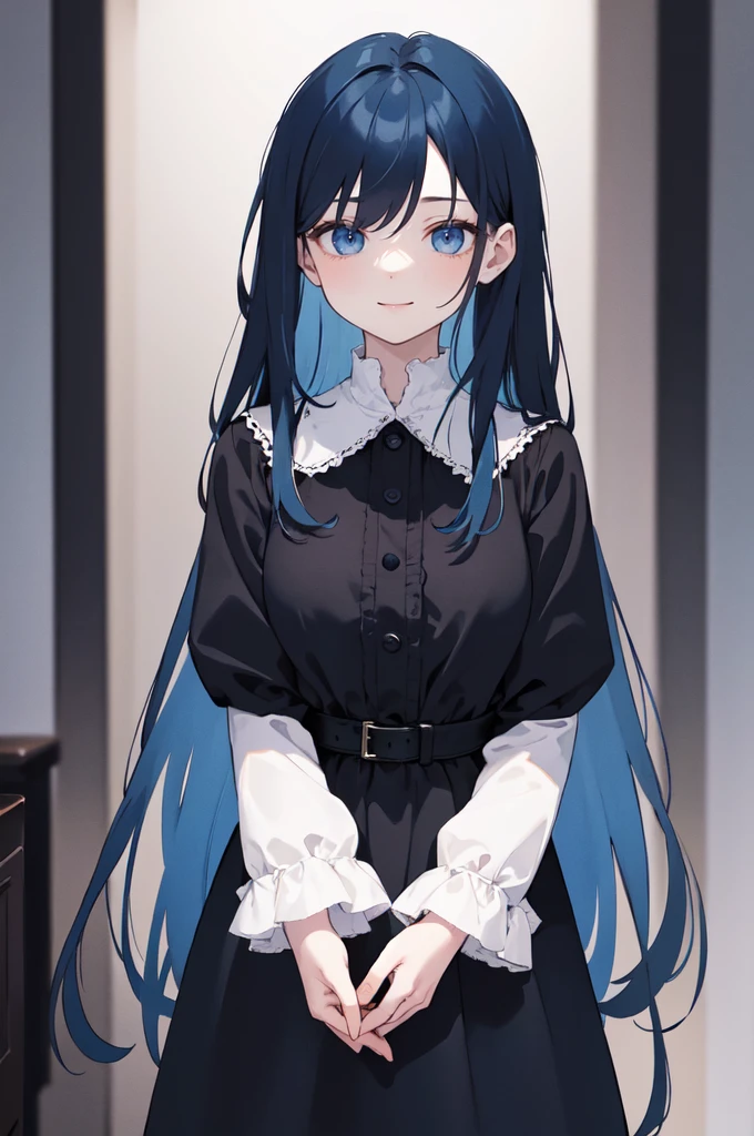 (masterpiece), (best quality), (ultra detailed),(dishevelled hair),(illustration), long hair (straight hair) very straight hair, standing, Fashion model (gothic dark outfit), looking at viewer, (interview), (casual background),beautiful blue eyes, delicate beautiful face, ,(high saturation),(colorful splashes),(shining),navy blue hair (dark blue hair) (shining), bangs, best lighting, best shadow. smiling. medium breast. neat hairstyle down. shy personality