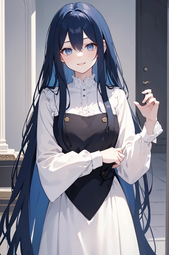 (masterpiece), (best quality), (ultra detailed),(dishevelled hair),(illustration), long hair (straight hair) very straight hair, standing, Fashion model (gothic dark outfit), looking at viewer, (interview), (casual background),beautiful blue eyes, delicate beautiful face, ,(high saturation),(colorful splashes),(shining),navy blue hair (dark blue hair) (shining), bangs, best lighting, best shadow. smiling. medium breast. neat hairstyle down. shy personality