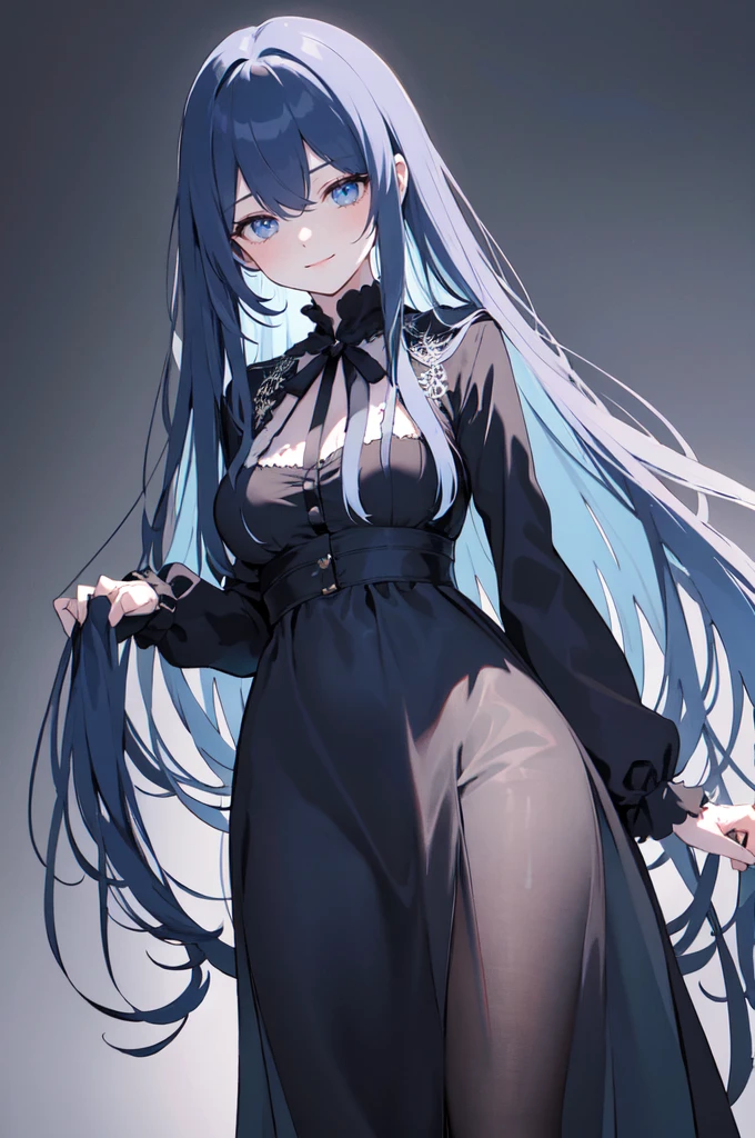 (masterpiece), (best quality), (ultra detailed),(dishevelled hair),(illustration), long hair (straight hair) very straight hair, standing, Fashion model (gothic dark outfit), looking at viewer, (interview), (casual background),beautiful blue eyes, delicate beautiful face, ,(high saturation),(colorful splashes),(shining),navy blue hair (dark blue hair navy) (shining), bangs, best lighting, best shadow. smiling. medium breast. neat hairstyle down. shy personality