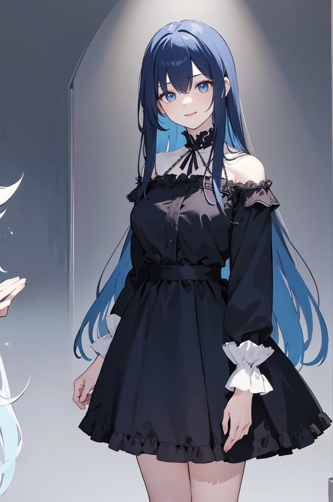 (masterpiece), (best quality), (ultra detailed),(dishevelled hair),(illustration), long hair (straight hair) very straight hair, standing, Fashion model (gothic dark outfit), looking at viewer, (interview), (casual background),beautiful blue eyes, delicate beautiful face, ,(high saturation),(colorful splashes),(shining),navy blue hair (dark blue hair navy) (shining), bangs, best lighting, best shadow. smiling. medium breast. neat hairstyle down. shy personality