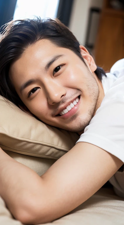 male, Around 25 years old, smile, sharp focus, Half body, summer, shirt, wonderful, Sleeping face,