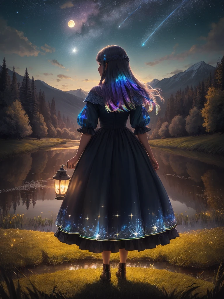 summer night, magical night, landscape photograph, from below, sky above and open field, (solo:1.2), a girl's side face, standing on grass field, looking up, full moon, shooting stars, nebula, a few cloud, mountain lines, trees,
masterpiece, best quality, 4k, ultra-detailed, studio quality, warm summer night, fireflies, holding a lantern, intricate details, blue grass field and river, volumetric lighting,
(dynamic composition:1.3), highly detailed, colorful details, (iridescent colors:1.2), (glowing lighting, atmospheric lighting), pray