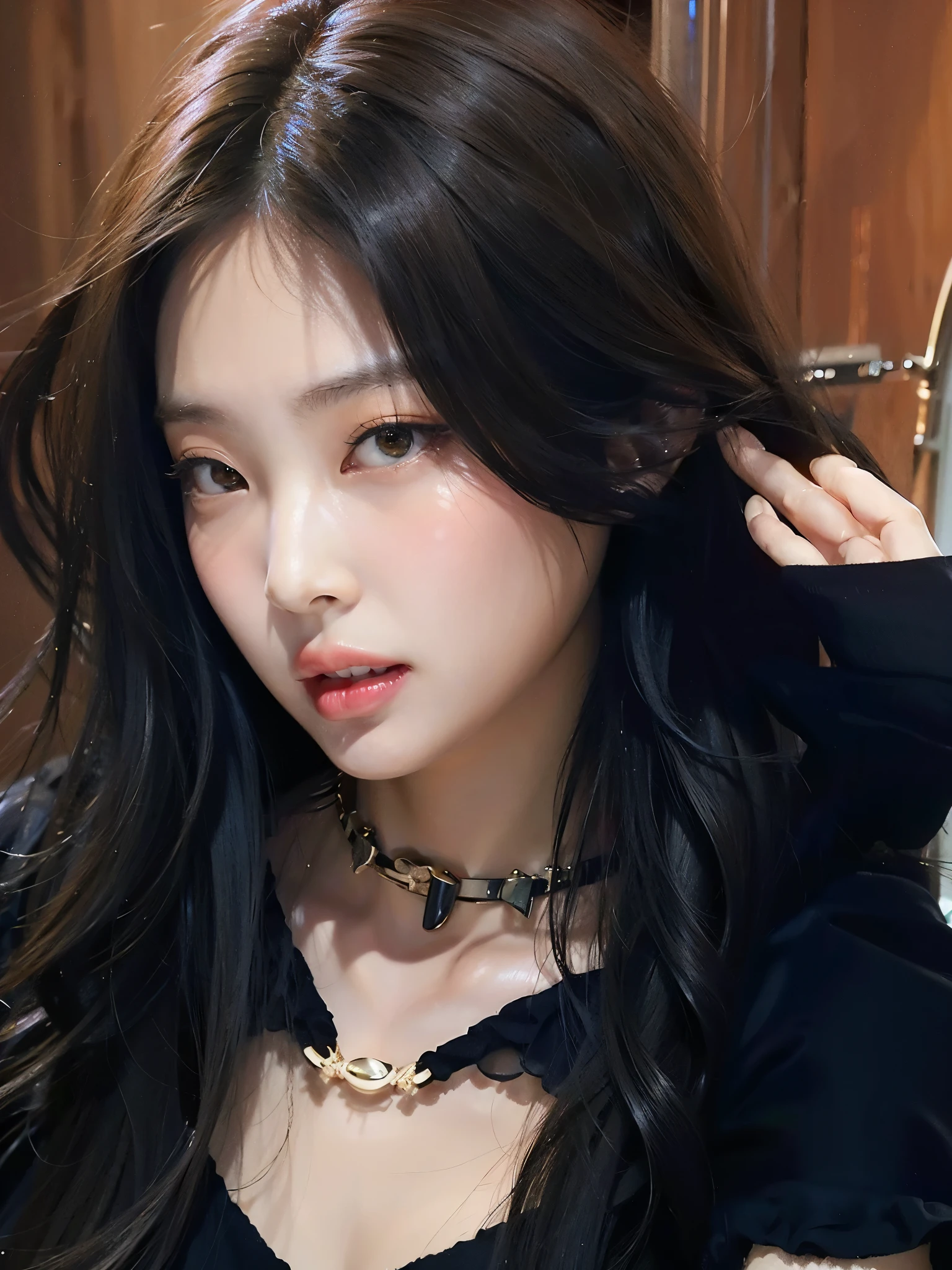 Araffe Asian woman with long black hair and a black blouse, cruel korean gothic girl, retrato de jossi de blackpink, con pelo largo y ojos penetrantes, maquillaje popular de corea del sur, ulzzang, hermosa mujer surcoreana, hermosa joven coreana, maquillaje coreano popular, muchacha coreana, female korean idol portrait, hermosa joven coreana, usando gargantilla negra