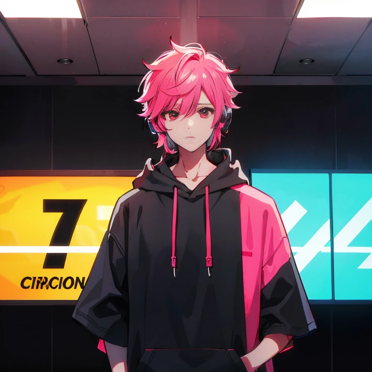 (shortcut), (two block hair), (bright pink hair), (red eyes), (Man standing in a recording studio wearing headphones), (oversized hoodie), (Street style), (neon), (neonデイライト), (cinematic), (stylish), (High resolution), (hyper-detailed), (Nightcore), (looking at the camera), (visualize), (top quality), (masterpiece), (Super detailed), (a handsome guy)