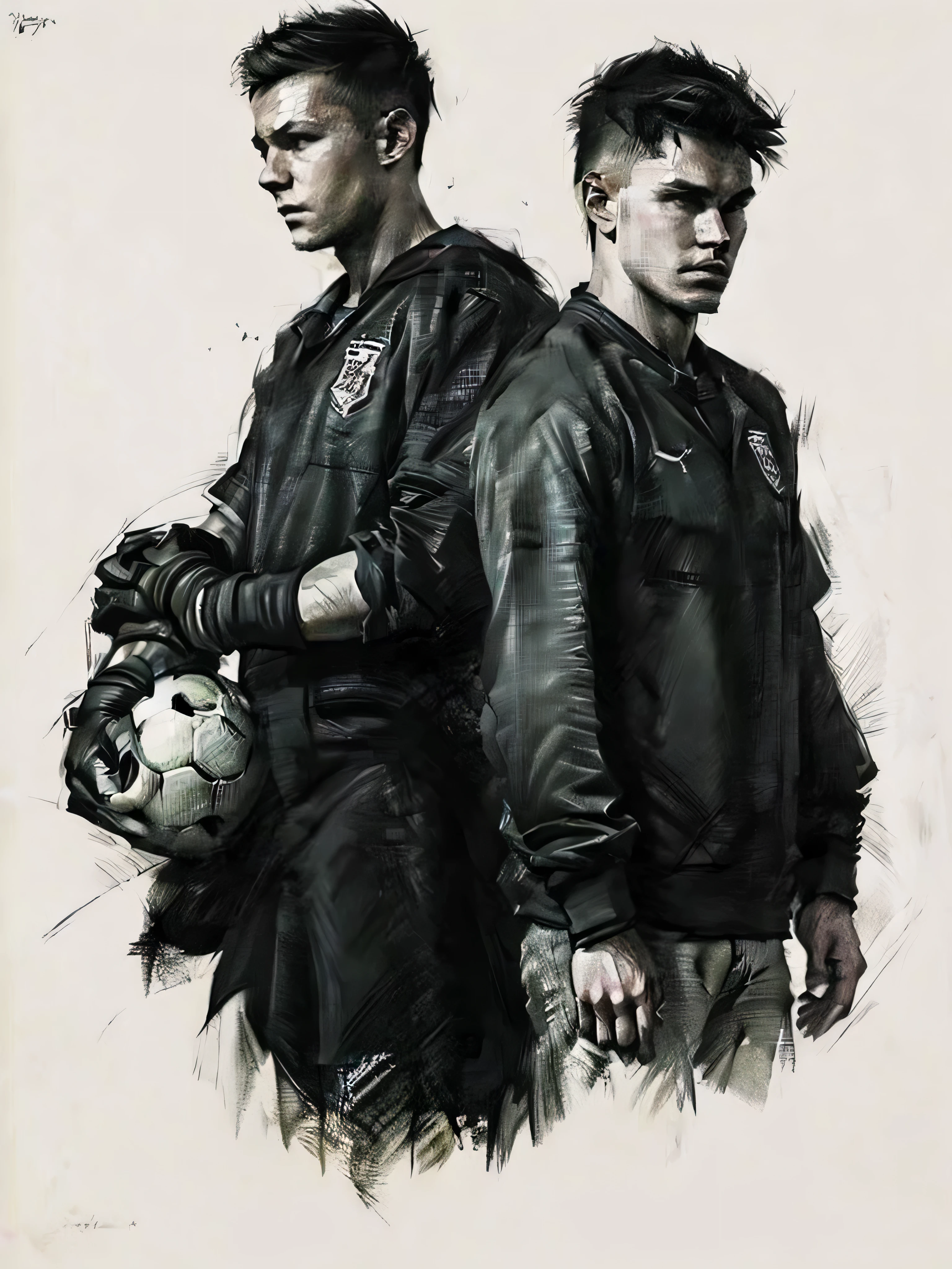 Homem Soccer Player face, style greg rutkowski realist, style anime, 18 years old, tatuagens no corpo