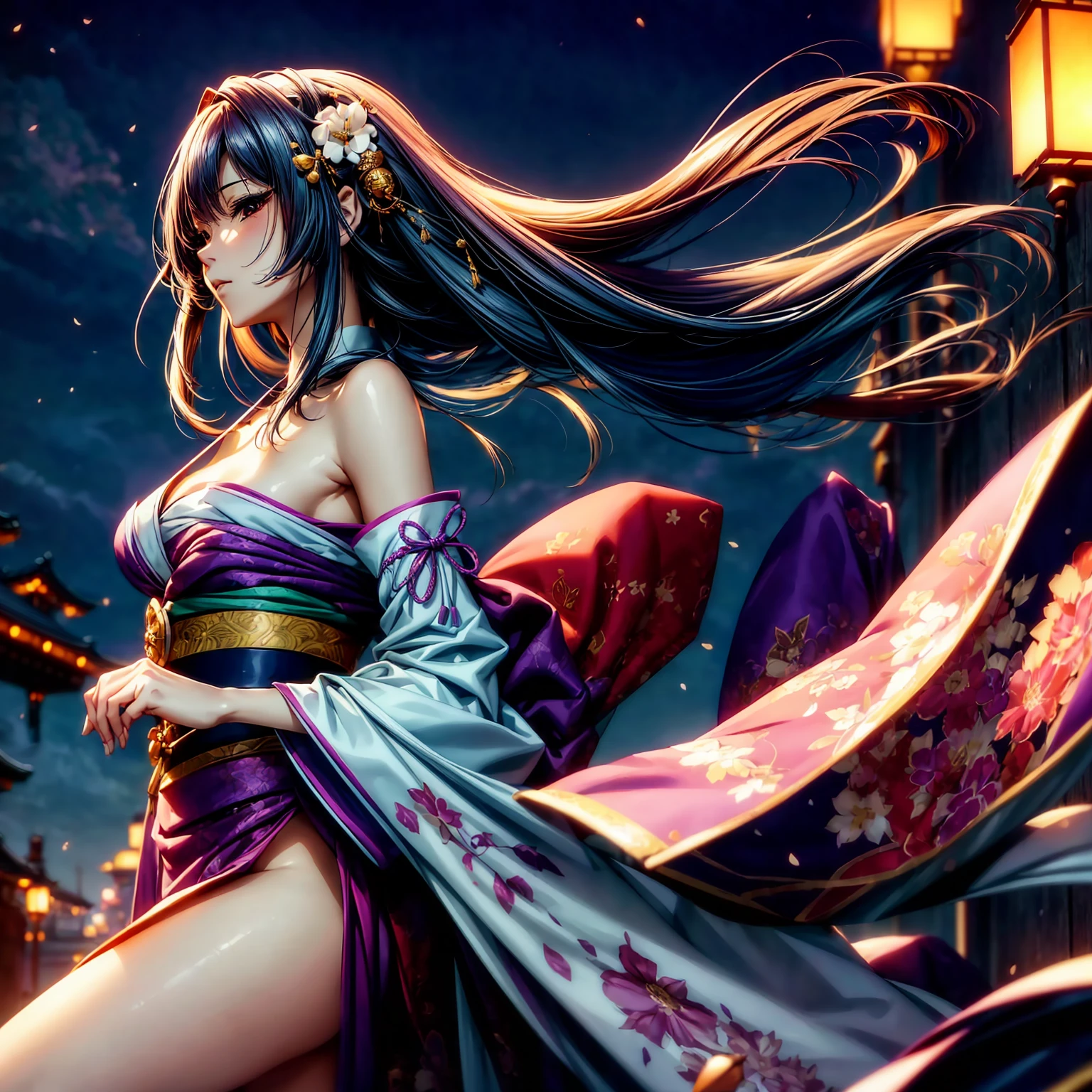 (((highest quality、masterpiece、8K quality,very high resolution)))、((A woman of perfect and ultimate beauty:24-years-old:Yamato Nadeshiko))、(beautiful face:smile、beautiful hair:Japan hair ornament、beautiful body:Slender and beautiful breasts)、(best skin and hair texture、realistic textured skin、Realistic textured hair)、(Beautiful Japan kimono:Japanese pattern and purple:Layering,Kimono sleeves and obi are long,outstretched arm,Exposed shoulders from kimono,I can see the cleavage,whole body,I can see my thighs,Hair flutters under the influence of the wind,The sleeves and obi of the kimono flap in the wind.),(Mysterious place,Fantastic night sky and beautiful full moon,lantern light,beautiful scenery)、(bijinga:1.2,realistic portrait)、dynamic movement,dynamic angle,dynamic pose,model shoot,Overall image、accurate anatomy、非常にdetailed images、accurate image、perfect image、detailed images、Image without defects、natural soft light、beautiful images、beautiful anime woman, beautiful art style, anime character、(best shot:1.2,RAW photo:1.2)