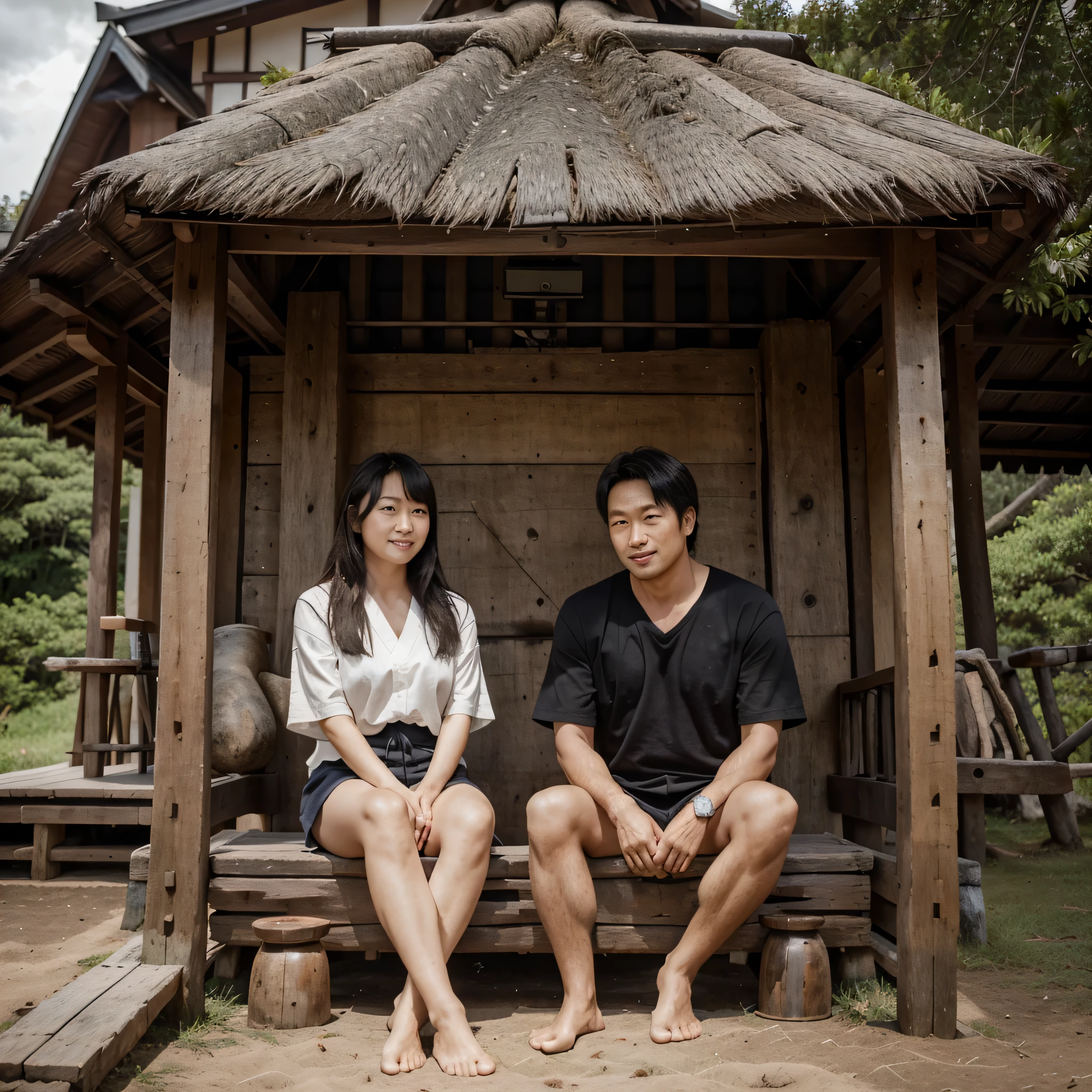 A beautiful Japanese couple sitting in front of a tree trunk in front of a wooden cabin, ao fundo uma grande florestas e com montanhas imponentes num dia chuvoso, and with dark clouds in the sky, Fantastic, Impeccable, nunca visto antes, todos os detalhes em UHD
