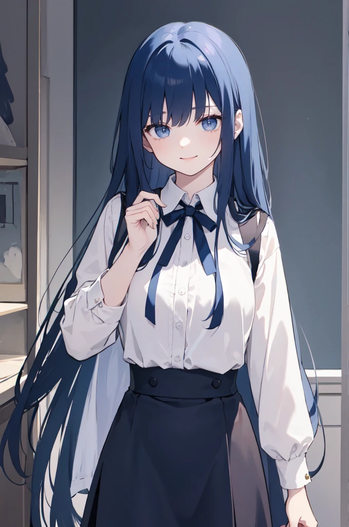 (masterpiece), (best quality), (ultra detailed),(dishevelled hair),(illustration), long hair (straight hair) very straight hair, standing, Fashion model (gothic dark school outfit), looking at viewer, (interview), (casual school background),beautiful blue eyes, delicate beautiful face, ,(high saturation),(colorful splashes),(shining),navy blue hair (dark blue hair navy) (shining), bangs, best lighting, best shadow. smiling. medium breast. neat hairstyle down. shy personality