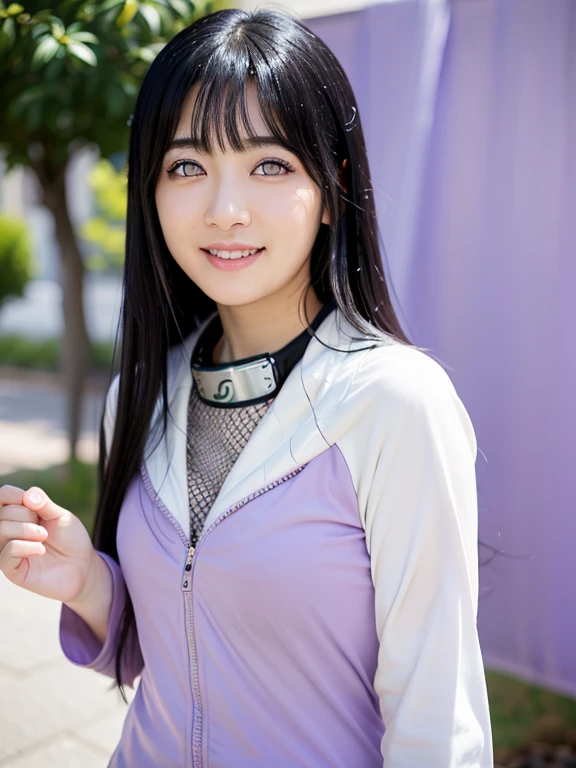 1 girl, Hyuga Hyuga from Anime Naruto, long hair, black hair, purple highlights in hair,White eyes, smile, beautiful, Purple clothes, realistic clothes, Clothes details, background outdoors, ultra detail, (highest quality,super detailed,realistic:1.37),Naruto's Hinata,beautiful and fine eyes,Soft facial features,porcelain skin,長い絹のようなblack hair,tightly tied forehead protector,優しいsmile,calm expression,casual clothes,white and lavender color palette,Subtle shading and highlight effects,Dynamic and vivid background,studio lighting,artistic rendering style,Bright colors, (background outdoors)