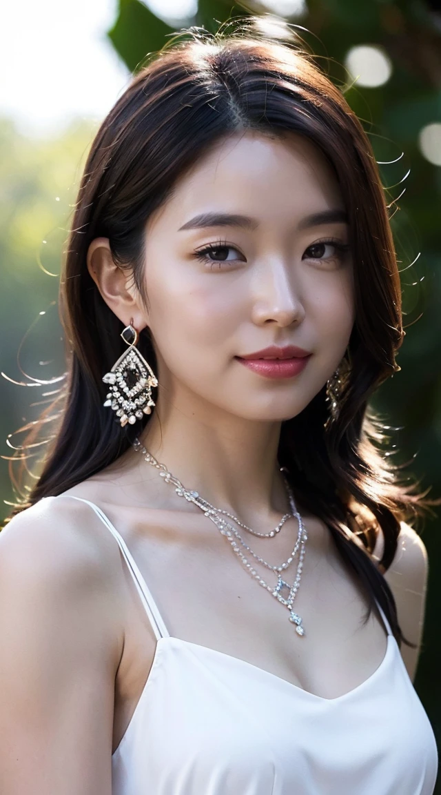 最high quality, masterpiece, High resolution, 1 girl,  silk china dress, beautiful face, hair ornaments, looking at the viewer, smile, closed mouth,lips, dress,hair ornaments, necklace, jewelry, long hair, earrings, beautiful face,On top of that_body, Tyndall effect,realistic, dark studio, rim lighting, two-tone lighting,(high definition skin:1.2), 8K uhd, Digital single-lens reflex camera, soft lighting, high quality, volume lighting, Frank, photograph, High resolution, 4K, 8K, Bokeh