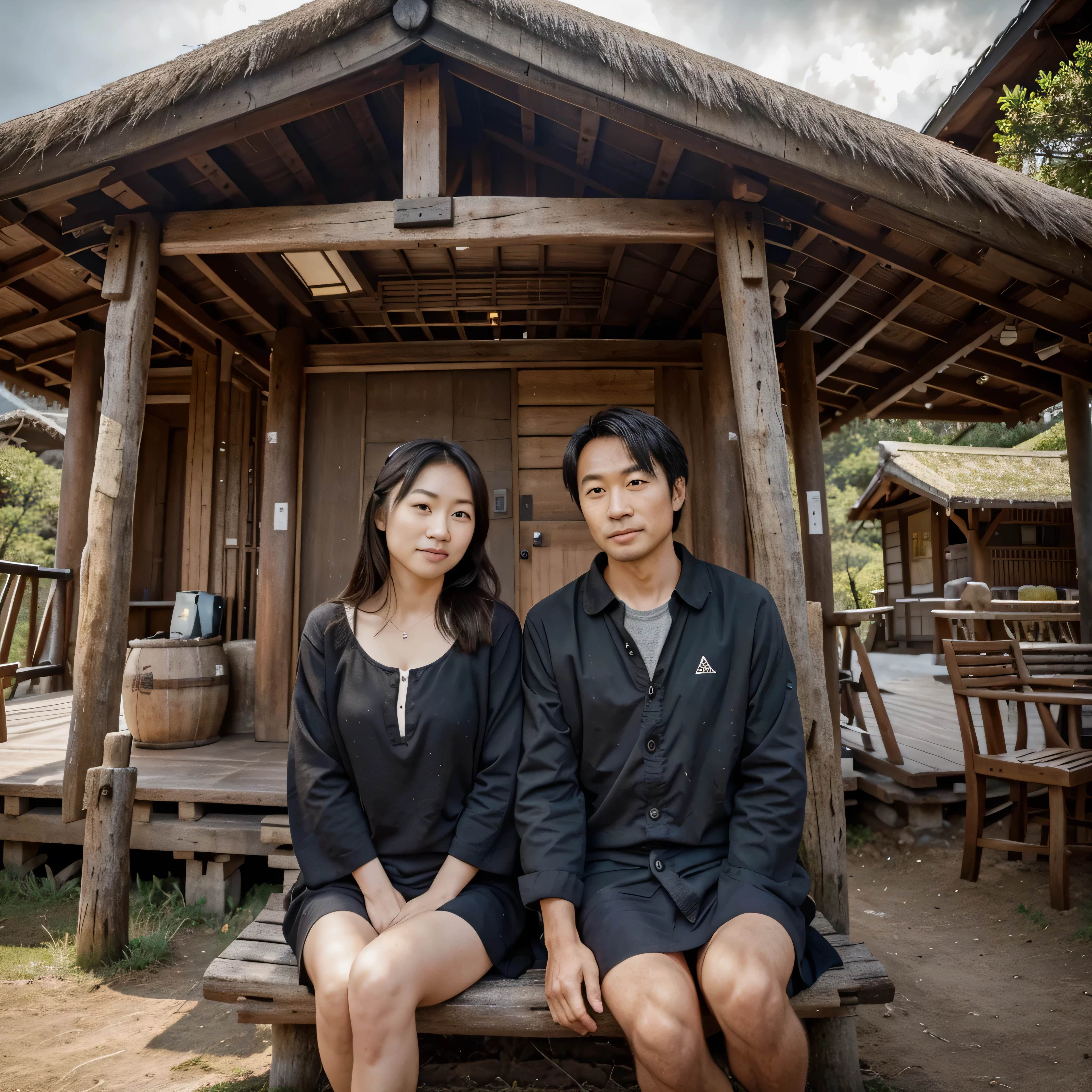 A beautiful Japanese couple sitting in front of a tree trunk in front of a wooden cabin, ao fundo uma grande florestas e com montanhas imponentes num dia chuvoso, and with dark clouds in the sky, Fantastic, Impeccable, nunca visto antes, todos os detalhes em UHD