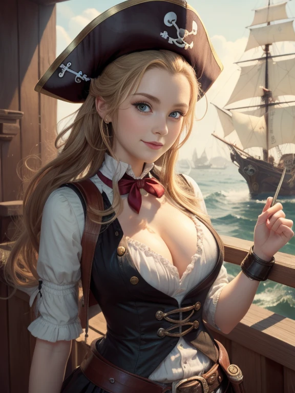 Une fille de 25 ans, (bousiller, Haut du corps, vue de face:1.2), Yeux noirs, Capitaine Jack Sparrow cosplay, pirate, chapeau de pirate, tenue de pirate, corset, (Petits seins, petits seins, cleavage:1.2), (masterpiece, very detailed, regarde le spectateur, fond gris estompé brillant, sprayed gradient background, blurred background:1.2), on a deserted island, plage, cocotiers, Treasure chest