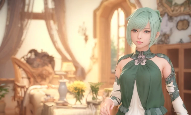 ((alone)), (solo) , mature ,  40years old , giving smile to the camera , sexy , anime - style image of a mature in a green dress standing in a room, beautiful screenshot, stylized anime, atelier, smooth anime cg art, anime styled 3d, close up character, render of a cute 3d anime girl, final fantasy 14 style, style game, fashion gameplay screenshot, anime stylized, main character short hair , laughter , short hair , beautiful bangs , Shining white skin, Flow of hair that extends to the face , bangs between eyeliner hair , High resolution , beauty eyes, Bright and clear, Big light blue eyes shine charmingly , green one piece , eyeliner,(Ultra Real), (figure), (High resolution), (In 8K), (very detailed), (Best figure), (Beautiful quality with attention to detail), (super detailed), (table top), (wallpaper), (detailed face), drooling eyes , upper body up, 