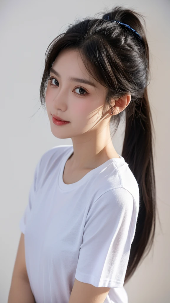 a girl,solo,Smile,black hair,Low ponytail,black eyes,looking at the audience,white shirt,short sleeves,Denim shorts,White background,simple background,Delicate luminescence