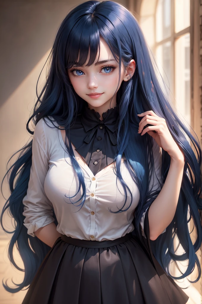 (masterpiece), (best quality), (ultra detailed),(dishevelled hair),(illustration), long hair (straight hair) very straight hair, standing, Fashion model (gothic dark school outfit, sexy), looking at viewer, (interview), (casual school background),beautiful blue eyes, delicate beautiful face, ,(high saturation),(colorful splashes),(shining),navy blue hair (dark blue hair navy) (shining), bangs, best lighting, best shadow. smiling. medium breast. neat hairstyle down. shy personality