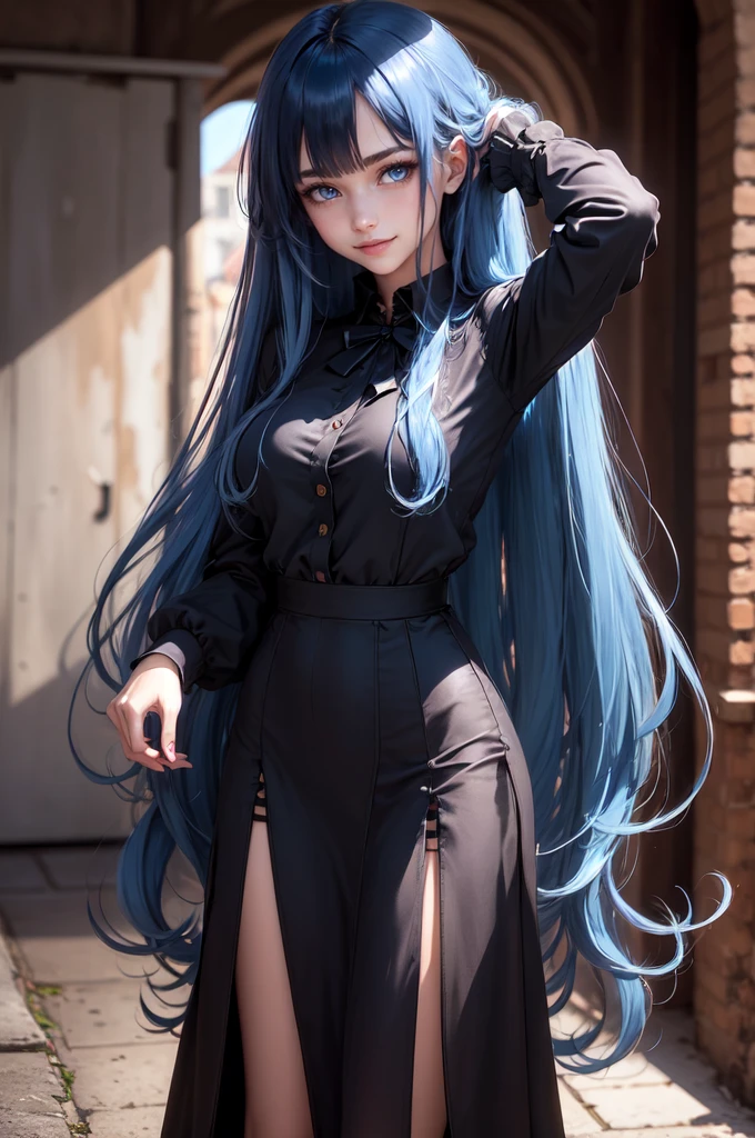 (masterpiece), (best quality), (ultra detailed),(dishevelled hair),(illustration), long hair (straight hair) very straight hair, standing, Fashion model (gothic dark school outfit, sexy), looking at viewer, (interview), (casual school background),beautiful blue eyes, delicate beautiful face, ,(high saturation),(colorful splashes),(shining),navy blue hair (dark blue hair navy) (shining), bangs, best lighting, best shadow. smiling. medium breast. neat hairstyle down. shy personality