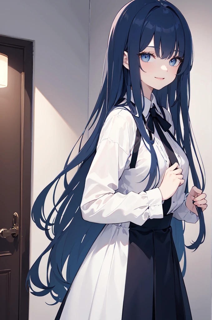 (masterpiece), (best quality), (ultra detailed),(dishevelled hair),(illustration), long hair (straight hair) very straight hair, standing, Fashion model (gothic dark school outfit, sexy), looking at viewer, (interview), (casual school background),beautiful blue eyes, delicate beautiful face, ,(high saturation),(colorful splashes),(shining),navy blue hair (dark blue hair navy) (shining), bangs, best lighting, best shadow. smiling. medium breast. neat hairstyle down. shy personality