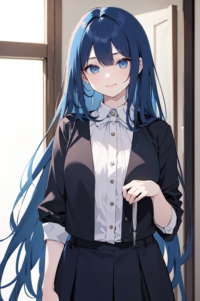 (masterpiece), (best quality), (ultra detailed),(dishevelled hair),(illustration), long hair (straight hair) very straight hair, standing, Fashion model (gothic dark school outfit, sexy), looking at viewer, (interview), (casual school background),beautiful blue eyes, delicate beautiful face, ,(high saturation),(colorful splashes),(shining),navy blue hair (dark blue hair navy) (shining), bangs, best lighting, best shadow. smiling. medium breast. neat hairstyle down. shy personality