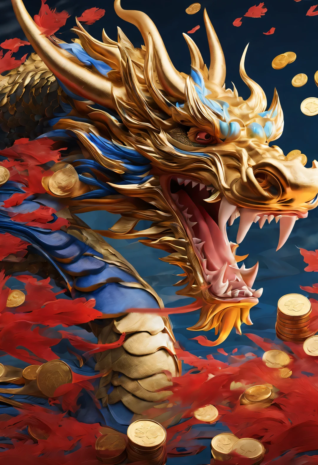 Double exposure style,Red色壁纸设计,3d rendering,realistic fur,hairy,beautiful wallpaper,Red、Yellow、blue、white、Black、
(一条顽皮的Red橙色中国中国生肖龙正在冲出海浪向飞空),Clear dragon scales,it's looking at the audience'beautiful eyes,long eyelashes,(raise your hands,Throw gold coins into the air.:1.0),(Wallpaper with huge 3D letters &Quote;AI&Quote; :1.37),whole body,Throwing action,laughing expression,Many gold coins scatteRed in the air,background:Rolling waves and confetti,
Elevation and bottom-up angles,, Beautiful detailed。