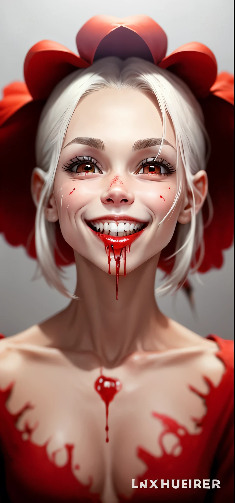 a close up of a drawing of a mouth with goteo de sangre down it, goteo de sangre from mouth, boca roja, sangre alrededor de los labios, Alex Pardee, goteo de saliva, sangre goteando, Michael Hussar, Dientes babeantes descubiertos, goteo de sangre, goteo de sangre down the head, cara ensangrentada, sonrisa de horror, a punto de consumirte, sonrisa malvada, colmillos y babas