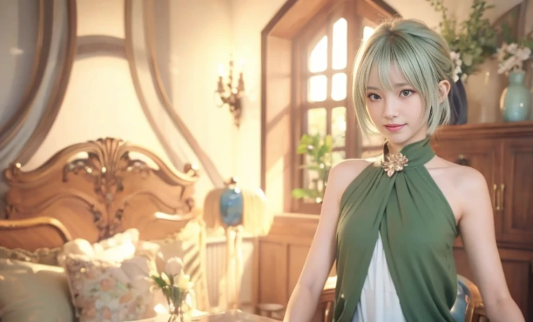 ((alone)), (solo) , mature , 40years old , giving smile to the camera , sexy , anime - style image of a mature in a green dress standing in a room, beautiful screenshot, stylized anime, atelier, smooth anime cg art, anime styled 3d, close up character, render of a cute 3d anime girl, final fantasy 14 style, style game, fashion gameplay screenshot, anime stylized, main character short hair , laughter , short hair , beautiful bangs , Shining white skin, Flow of hair that extends to the face , bangs between eyeliner hair , High resolution , beauty eyes, Bright and clear, Big light blue eyes shine charmingly , green one piece , eyeliner,(Ultra Real), (figure), (High resolution), (In 8K), (very detailed), (Best figure), (Beautiful quality with attention to detail), (super detailed), (table top), (wallpaper), (detailed face), drooling eyes , upper body up,
