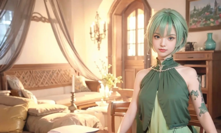 ((alone)), (solo) , mature , 40years old , giving smile to the camera , sexy , anime - style image of a mature in a green dress standing in a room, beautiful screenshot, stylized anime, atelier, smooth anime cg art, anime styled 3d, close up character, render of a cute 3d anime girl, final fantasy 14 style, style game, fashion gameplay screenshot, anime stylized, main character short hair , laughter , short hair , beautiful bangs , Shining white skin, Flow of hair that extends to the face , bangs between eyeliner hair , High resolution , beauty eyes, Bright and clear, Big light blue eyes shine charmingly , green one piece , eyeliner,(Ultra Real), (figure), (High resolution), (In 8K), (very detailed), (Best figure), (Beautiful quality with attention to detail), (super detailed), (table top), (wallpaper), (detailed face), drooling eyes , upper body up,