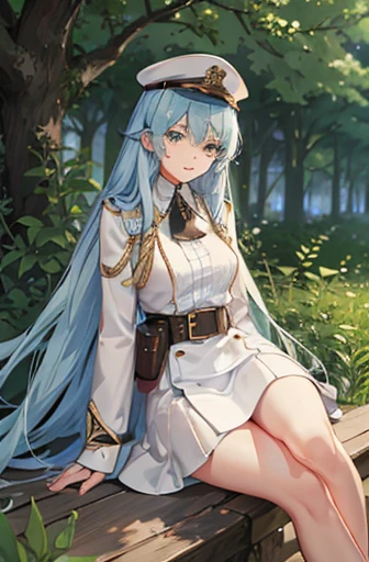  with very long white hair and bright green eyes. military uniform, cap. Transparent jars with liquid. full height.