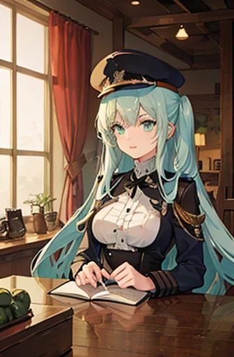 with very long white hair and bright green eyes. military uniform, cap. Transparent jars with liquid. full height.