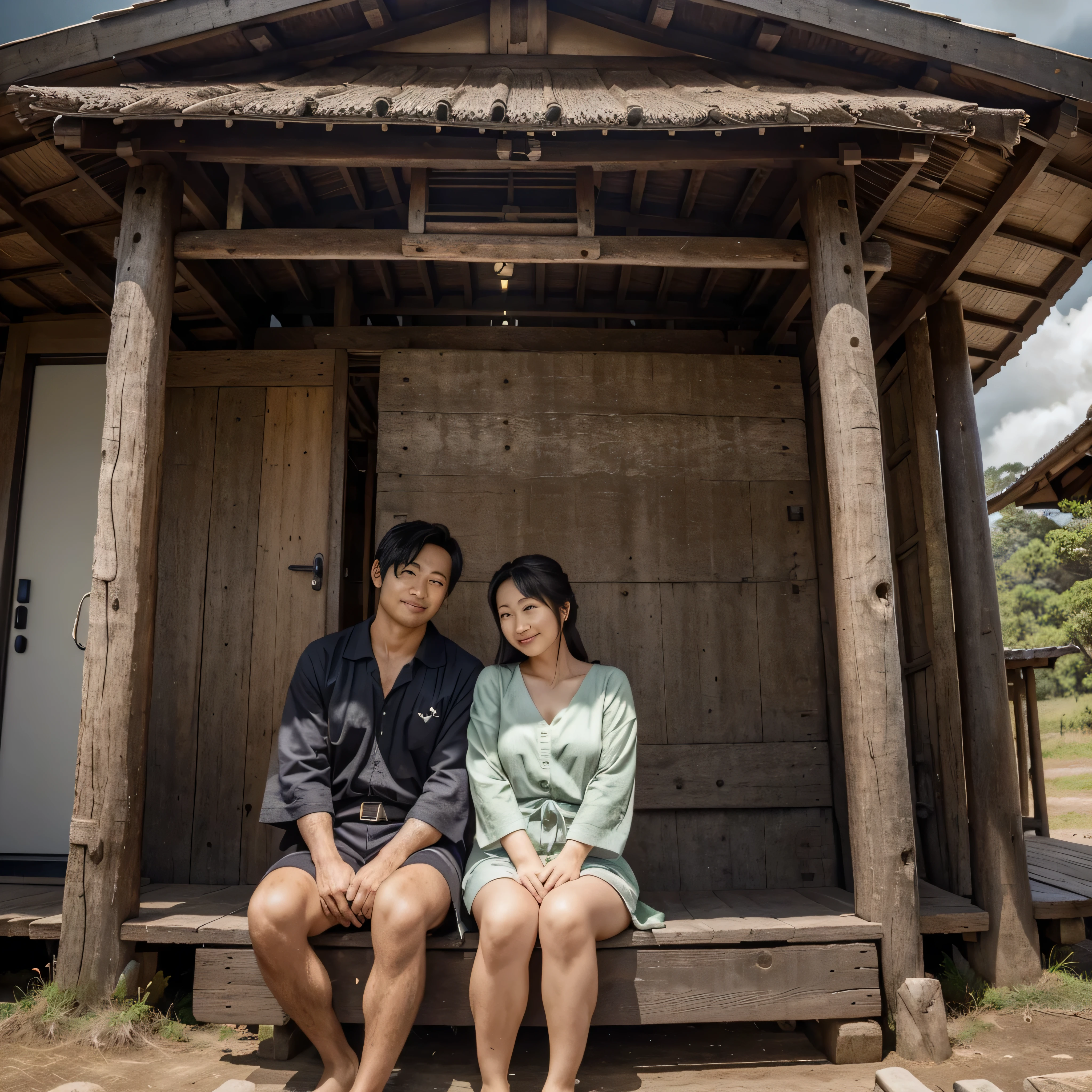 A beautiful Japanese couple sitting in front of a tree trunk in front of a wooden cabin, ao fundo uma grande florestas e com montanhas imponentes num dia chuvoso, and with dark clouds in the sky, Fantastic, Impeccable, nunca visto antes, todos os detalhes em UHD