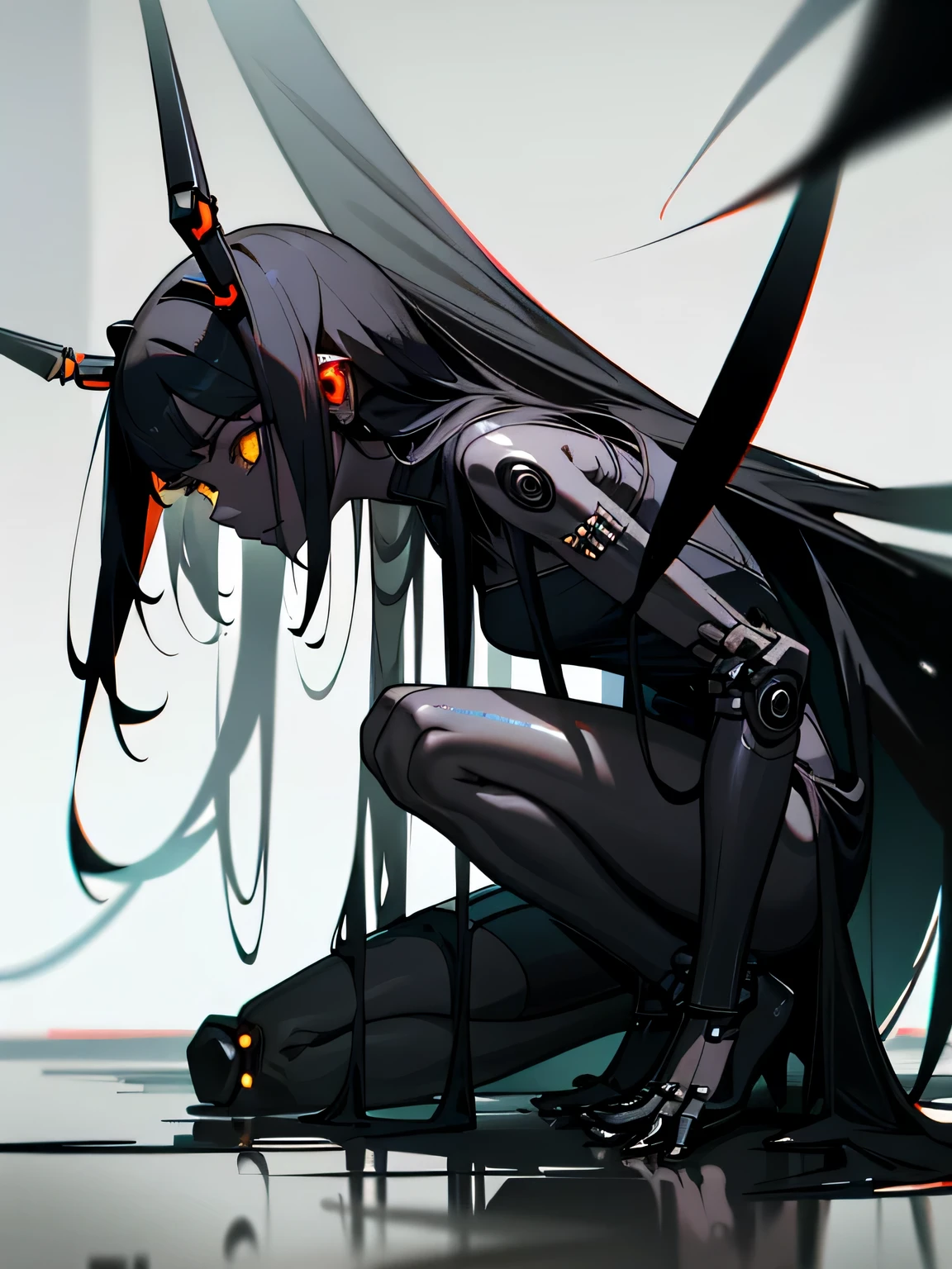 ((dark cyberpunk art)), full length portrait, Little insect girl, elegant insect girl, yellow eyes, Insect antennae, very long hair, Black hair, Black skin, dark Black skin, black alien skin, very detailed art