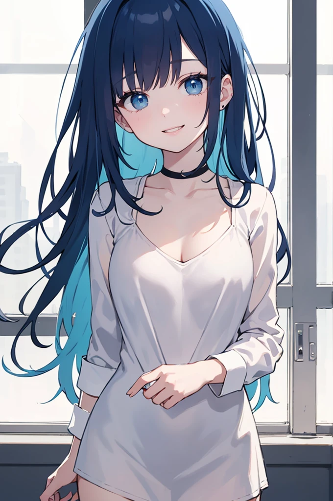 (masterpiece), (best quality), (ultra detailed),(dishevelled hair),(illustration), long hair (straight hair) very straight hair, standing, Fashion model (gothic dark school outfit, sexy(with square neckline)), looking at viewer, (interview), (casual school background),beautiful blue eyes, delicate beautiful face, ,(high saturation),(colorful splashes),(shining),navy blue hair (dark blue hair navy) (shining), bangs, best lighting, best shadow. smiling. medium breast. neat hairstyle down. shy personality
