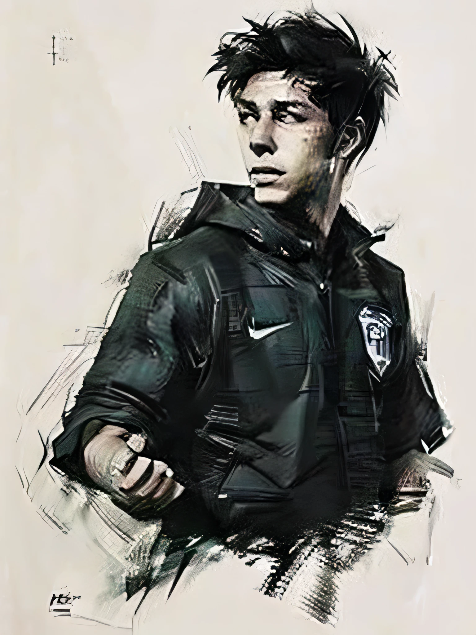 Homem Soccer Player face, style greg rutkowski realist, style anime, 18 years old, tatuagens no corpo