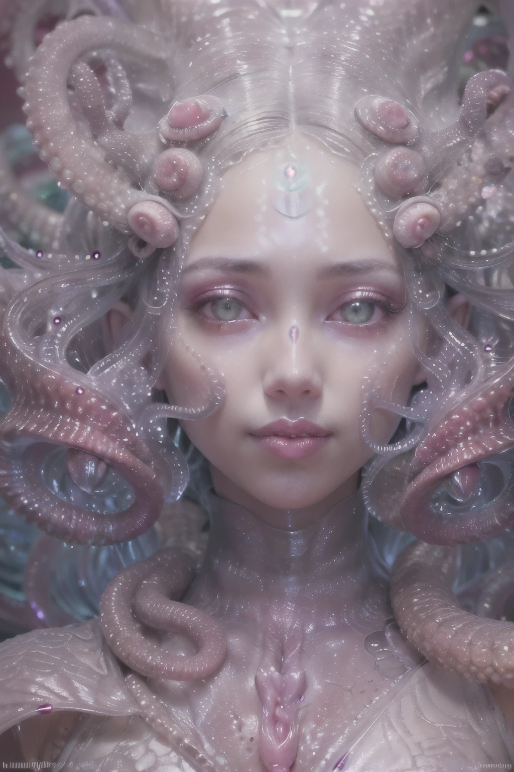(A portrait of one beautiful and obscene female alien who is a young teenager:1.4), ((There is a female genital-like organ in the middle of her forehead:1.8)), (realistic face:1.2), (Numerous award-winning masterpieces, with incredible detail, textures and maximum detail), artistic photography, midnight aura, unreal engine 5, Ultra Sharp Focus, art by Amano Yoshitaka, ArtGerm, Roisch, intricate artwork, ultra realistic realism, high resolution, High freshness, drawing faithfully, official art, Unity 8K Wall paper, ultra detailed artistic photography, dream-like, Creation of fantasy, dream Snail, (biopunk nautilus:1.3),Thrilling color schemes, seductively smiling, Amazing mutation, well-proportioned body, goddess of the deep sea, fractal, Geometric pattern, impossible figures, (translucent white tentacles with luminescent organs:1.4), subtle emerald green accents, (smiling seductively:1.3),(She has the most beautiful face in the history of the universe:1.5), Penelope Cruz, (she is looking down at viewers with glowing red eyes with no pupils:1.3), an evil gaze that seduces, cinematic lighting, (Vampire-like long canine teeth can be glimpsed through the gap between the lips:1.3), in the hall of the palace, Sweet breath is exhaling from beautiful lips, ecstatic expression