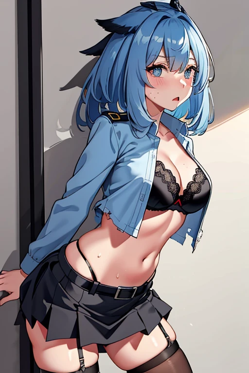 blue hair,big breasts,police officer arrested,open shirt,bra,Torn skirt,garter belt, black stockings,stick out one&#39;s butt,A painful look,blush,open your mouth wide,Drool,sweaty,woman restrained in handcuffs