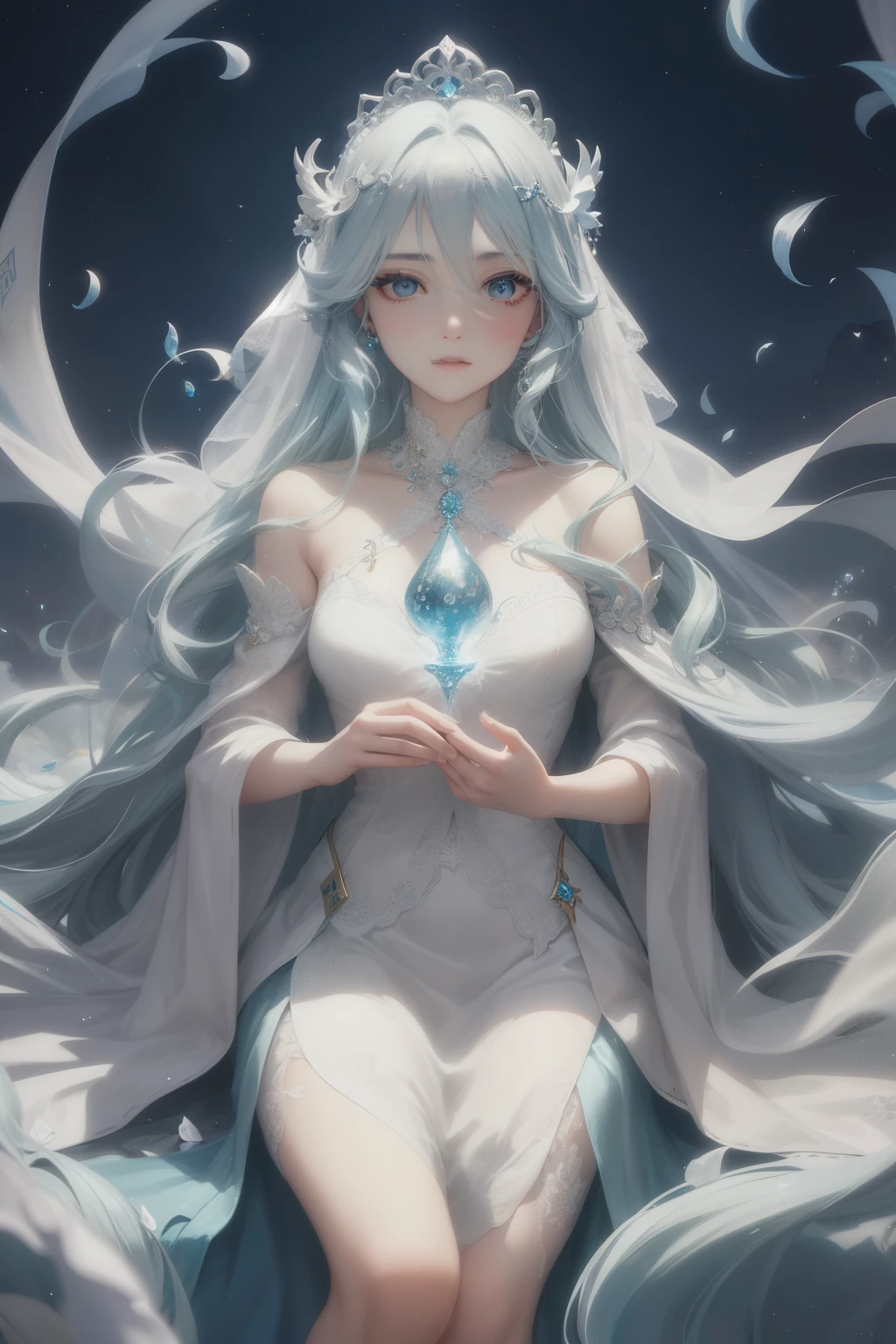 There is a woman, adorned in a stunning wedding dress, with a regal crown atop her head. Inspired by the enchanting character Shen Si Zheng, this dreamy and intricately detailed scene unfolds beneath an ethereal sky composed of swirling clouds (☁), turbulent winds (🌪), and twinkling stars (🌙).
Donning ethereal clothes reminiscent of Astral Witch attire, her long, luminescent hair flows in gentle waves around her. Surrounded by an ethereal fairytale landscape, this enchanting scene exudes an otherworldly allure, evoking feelings of el