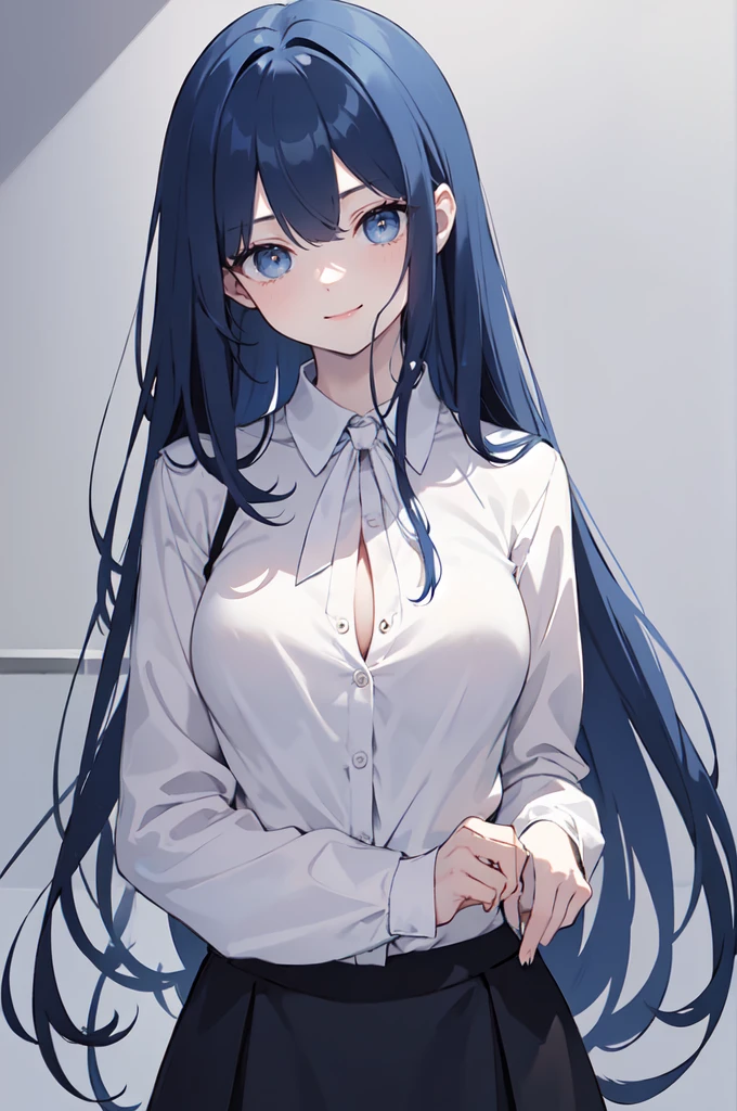 (masterpiece), (best quality), (ultra detailed),(dishevelled hair),(illustration), long hair (straight hair) very straight hair, standing, Fashion model (gothic dark school outfit, sexy(with square neckline)), looking at viewer, (interview), (casual school background),beautiful blue eyes, delicate beautiful face, ,(high saturation),(colorful splashes),(shining),navy blue hair (dark blue hair navy) (shining), bangs, best lighting, best shadow. smiling. medium breast. neat hairstyle down. shy personality
