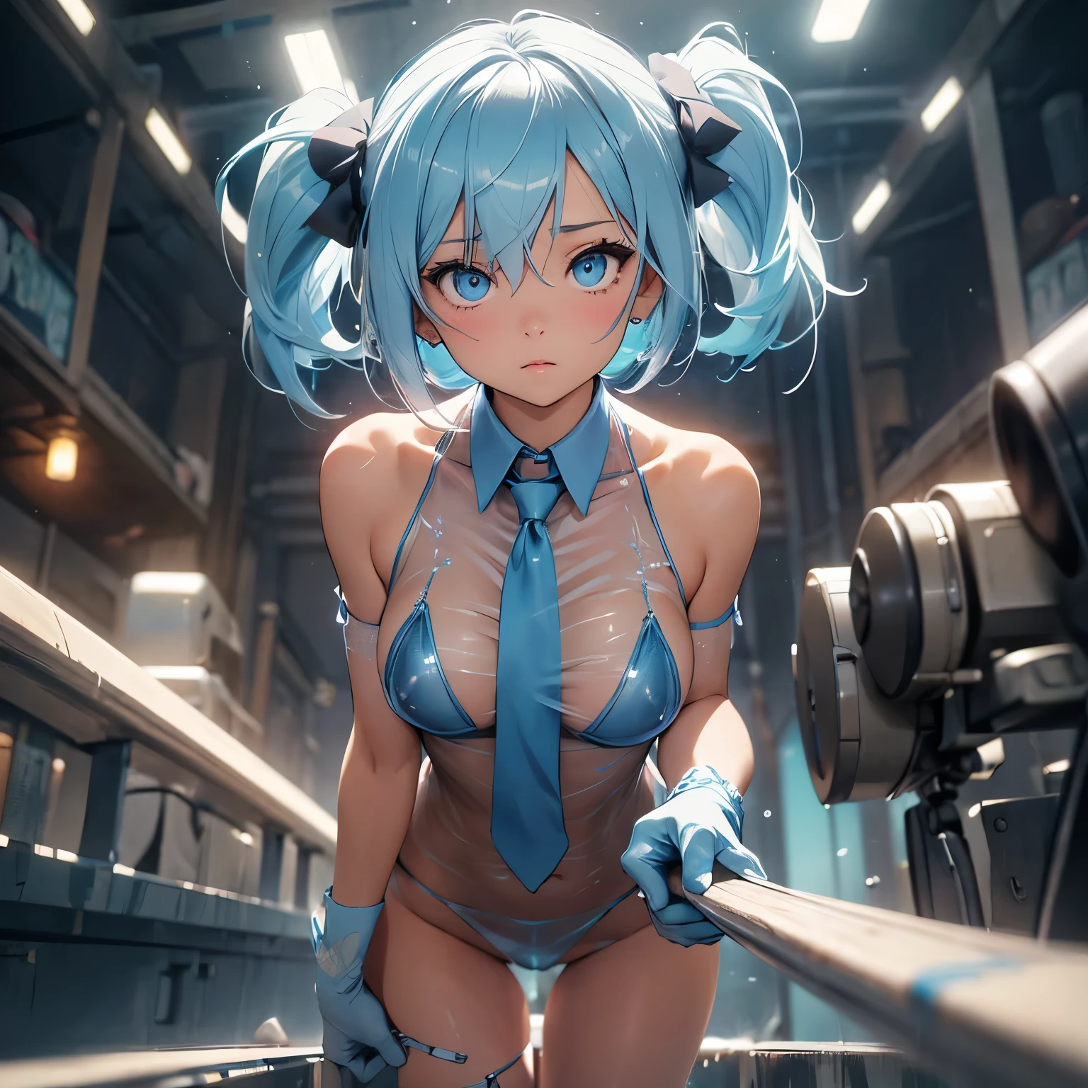 (quality)), ((masterpiece)), Recommended resultsluffly、(see through:1.5)、whole body 、Swollen nipples，straighten your back、huge bust、angle to floor:1.2、low camera angle、Hair loss on crotch、Whole body facing the camera，Hair can be seen on the crotch，Hatsune Miku, 1 girl, (alone:1.2), ((masterpiece)), [Slim], (), ((delicate eyes)), (bokeh effect), medium shot, Yuradev, (light blue hair), short hair, black hair band, (blue gloves), (blue tie), elegant