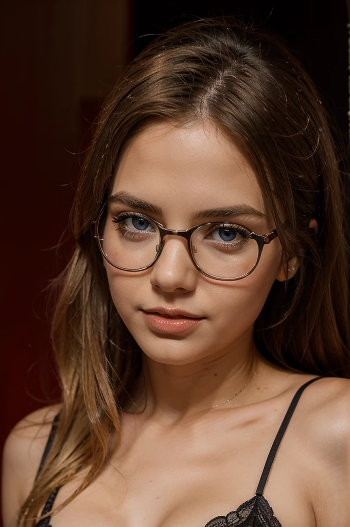 Sexy hot woman beautiful and very beautiful and attractive blonde hair and blue eyes straight hair with red lips black background with glasses wearing transparent white lingerie, cebello liso  rubio ojos claros y bata transparente grandes pechos 