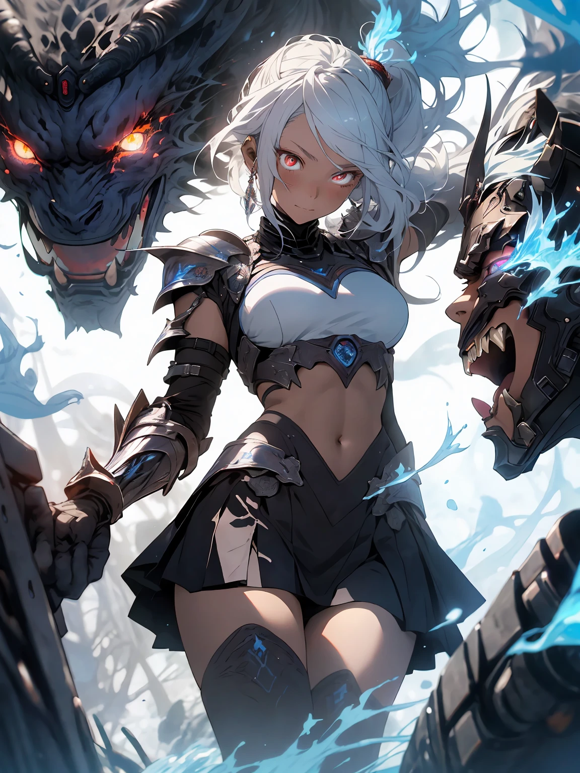 make it realistic,(masterpiece,highest quality,highest quality,very detailed,fractal art,most detailed,(background is abstract:1.5)(1 girl),Kamimei,(ponytail),(Shining red eyes and beautiful white hair、big breasts,trained abdominal muscles),crystallization,high leotard,sexy,machine armor、Devil's horn、Blake、berserk , (burning blue flame:1.4),(mini skirt)